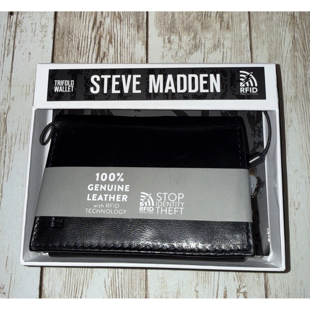Steve Madden Trifold Wallet‎ Mens Black Genuine Leather RFID Protection NEW
